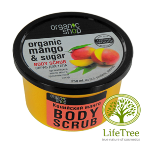 Pojemnik zawierający delikatny peeling do ciała kienijskie mango marki Organic Shop